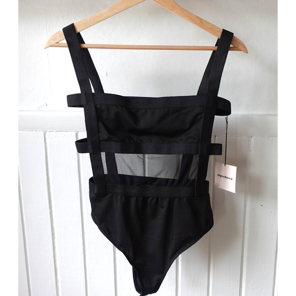 Revolve Superdown Camille Strappy Back Bodysuit Small Black Mesh Cutout Sexy Top - Picture 3 of 13